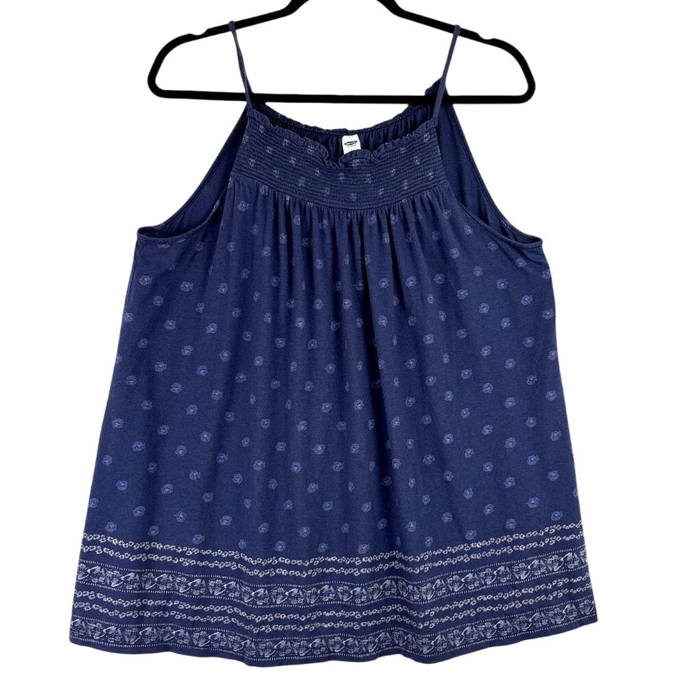 Old Navy Smocked Tank Top Women’s Large Navy Blue Floral Boho Comfy